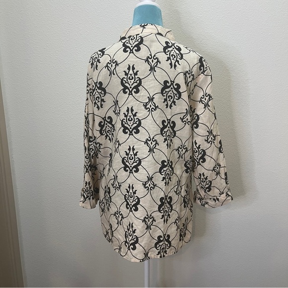 Saint Tropez West Linen cuffed 3/4 sleeve Top Cream Black 1X - Picture 4 of 4